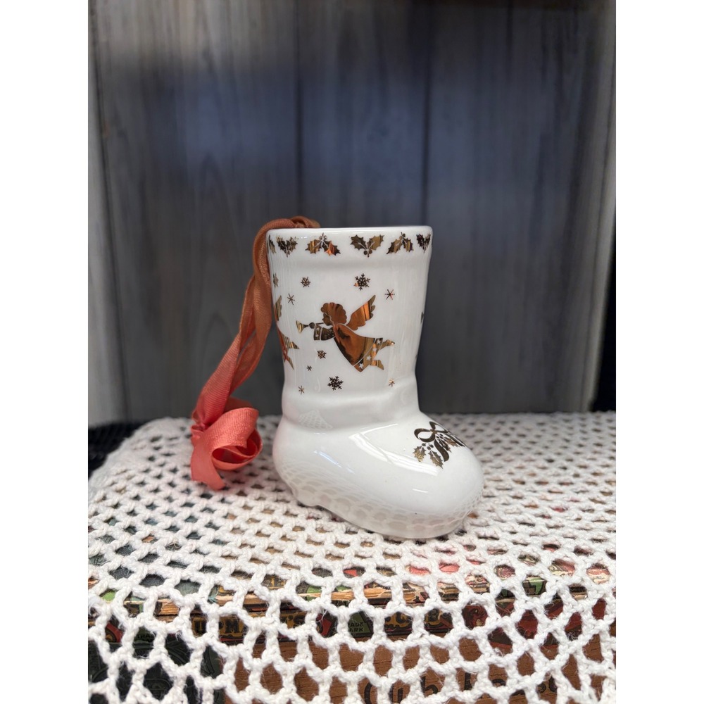 Vintage Golden Angel Ceramic Boot Ornament White Gold Angels Holiday Decor